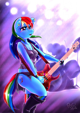 5_fingers anthro anthrofied bass_guitar blue_body blue_fur clothing cutie_mark ear_piercing female fingerless_gloves fingers fur gloves guitar hair handwear multicolored_hair multicolored_tail musical_instrument piercing plucked_string_instrument purple_eyes rainbow_hair rainbow_tail solo string_instrument tail wristband pigi friendship_is_magic hasbro my_little_pony rainbow_dash_(mlp) equid equine horse mammal pony 2014 hi_res