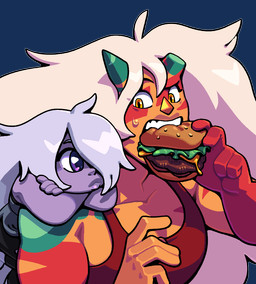 2_horns bodily_fluids breasts broken_horn burger cheese clothed clothing dairy_products duo eating eating_food female fluffy fluffy_hair food gem hair horn long_hair muscular muscular_female not_furry orange_body orange_skin purple_body purple_skin shirt sweat teeth toony topwear discount-supervillain cartoon_network steven_universe steven_universe:_future amethyst_(steven_universe) jasper_(steven_universe) alien alien_humanoid amethyst_(gem_species) gem_(species) human humanoid jasper_(gem_species) mammal quartz_(gem_species) alpha_channel digital_media_(artwork)