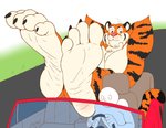 4_toes anthro black_claws black_eyes car claws clothed clothing crossed_ankles curling_toes duo feet foot_fetish foot_focus fur humanoid_feet inside_car inside_vehicle male muscular muscular_male orange_body orange_fur outside plantigrade soles solo_focus striped_body striped_fur stripes toes topless vehicle white_body white_fur wrinkled_feet wrinkles conditional_dnp zp92 esso esso_tiger felid human mammal pantherine tiger hi_res