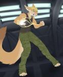 2015 anthro biped blonde_hair blue_eyes bottomwear camo camo_print canid canine clothed clothing digital_media_(artwork) digitigrade fennec_fox fox fur glowing hair hi_res inside jewelry male mammal necklace pants science_fiction shirt snarling solo standing tank_top tokaido topwear true_fox