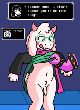 anthro assisted_exposure balls biped black_sleeves blush blush_stickers bracelet clothed clothing clothing_lift crotch_tuft dialogue disembodied_hand dress dress_lift duo embarrassed exposed eyebrows eyelashes eyewear fangs female flaccid fluffy fluffy_ears foreskin fur genitals glasses green_clothing green_dress green_eyewear green_glasses head_tuft hip_tuft horn humanoid_genitalia humanoid_penis jewelry knock-kneed long_ears looking_down male male/female male_focus medium_penis navel no_underwear open_mouth outside pawpads paws penis pink_horn pink_scarf raised_arms scarf scut_tail short_tail simple_background slightly_chubby solo_focus spiked_bracelet spikes standing surprised tail teeth text text_box three-quarter_view tuft white_body white_fur wide_eyed pixel_vibri deltarune undertale_(series) ralsei susie_(deltarune) boss_monster_(undertale) bovid caprine darkner goat mammal reptile scalie 2026 aliasing digital_media_(artwork) english_text hi_res
