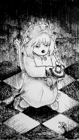 anthro bangs candle clothing darkness female floor footwear hair holding_clothing holding_object inside looking_down pajamas raised_tail shoes slippers solo tail tile tile_floor tired_eyes wavy_hair worried young tangerin4yon inktober mammal mouse murid murine rodent 2025 absurd_res hi_res monochrome traditional_media_(artwork)