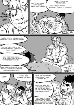 chewing clothed clothing dialogue facial_piercing fire hairy lying male male/male muscular nipples nose_piercing nose_ring onomatopoeia piercing ring_piercing sitting sound_effects text topless husky92 european_mythology greek_mythology mythology bovid bovine humanoid mammal minotaur orc comic english_text greyscale hi_res monochrome multiple_scenes