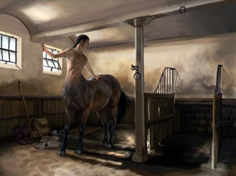 bag detailed_background horseshoe implied_transformation male navel nude open_mouth solo stable standing window liminalbean european_mythology greek_mythology mythology centaur equid equid_taur humanoid_taur mammal mammal_taur taur 2017 hi_res