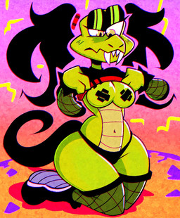 alternative_fashion anthro big_breasts black_hair breasts clothed clothing clothing_lift covered_nipples female fishnet_clothing hair navel nipple_tape non-mammal_breasts non-mammal_navel panties pasties ponytail punk scales sharp_teeth shirt shirt_lift solo suzie_(undakuva) tape teeth thick_thighs topwear twintails_(hairstyle) underwear ventral_scales wide_hips yellow_eyes kumoken hi_res