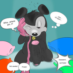 balls dialogue foreskin genitals hungover looking_at_viewer male nipples penis pillow solo text da~blueguy disney mickey_mouse house_mouse mammal mouse murid murine rodent 1:1 2016 english_text