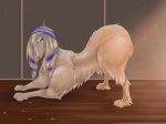 all_fours blue_eyes brown_body brown_fur female feral floor flower fur pawpads paws plant ribbons solo suggestive wood wood_floor farkhan afghan_hound canid canine canis domestic_dog hunting_dog mammal sighthound