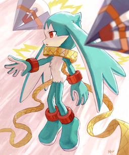 abstract_background anthro attack fur green_body green_fur kemono male open_mouth red_eyes side_view solo weapon young young_anthro young_male amber_graygamma bandai_namco klonoa_(series) king_of_sorrow 2023 full-length_portrait hi_res japanese_description portrait