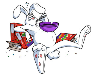anthro belly big_belly bowl bowl_on_belly bubble cereal cereal_box container cotton_tail crumbs food fur half-closed_eyes leaning leaning_backward male mascot milk narrowed_eyes navel overeating pawpads solo spoon_in_mouth white_body white_fur fattlestacks general_mills trix trix_rabbit lagomorph leporid mammal rabbit 2026 hi_res