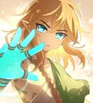 1_artificial_limb blonde_hair blue_eyes clothing hair humanoid_pointy_ears light_body light_skin long_hair magic_limbs male not_furry pointy_ears simple_background solo entiqua nintendo tears_of_the_kingdom the_legend_of_zelda link elf humanoid hylian