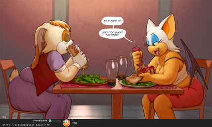 anthro belly big_belly big_breasts big_butt bodily_fluids breasts butt duo eating eating_food eyes_closed fangs female food_stains half-closed_eyes hedonism motion_lines narrowed_eyes open_mouth overweight overweight_female speech_bubble sweat sweatdrop teeth tongue tongue_out weight_gain wrap totesfleisch8 sega sonic_the_hedgehog_(series) rouge_the_bat vanilla_the_rabbit bat lagomorph leporid mammal rabbit