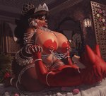 anthro anthro_on_anthro anthro_penetrated anthro_penetrating anthro_penetrating_anthro bed big_breasts body_jewelry breasts cowgirl_position crown curvy_figure detailed_background duo facial_piercing female female_anthro female_penetrated from_front_position furniture genitals hair hair_bun hand_holding headgear huge_breasts interlocked_fingers jewelry lying male male/female male_penetrating male_penetrating_female nipple_chain nipple_jewelry nipple_piercing nipples nose_piercing nose_ring nude on_back on_bed on_bottom on_top penetration piercing pussy ring_piercing septum_piercing sex thick_thighs tiara vaginal vaginal_penetration voluptuous patacon canid canine canis mammal absurd_res digital_media_(artwork) digital_painting_(artwork) hi_res