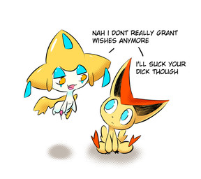 bodily_fluids cum dialogue duo genital_fluids genitals humor male penis sitting text muzzzzz nintendo pokemon generation_3_pokemon generation_5_pokemon jirachi legendary_pokemon pokemon_(species) victini english_text hi_res