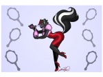 anthro biped border breasts clothing dress female flower fluffy fluffy_tail footwear high_heels markings perfume perfume_atomizer plant pose rose_(flower) shoes smile solo striped_markings striped_tail stripes tail tail_markings white_border leelab mammal mephitid skunk striped_skunk 4:3 hi_res pinup