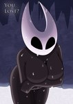 anthro big_breasts black_body black_eyes breasts crossed_arms dialogue empty_eyes featureless_breasts female hand_under_breast hot_spring nude partially_submerged solo standing_in_water text thick_thighs water wet white_body wide_hips zancu hollow_knight team_cherry hornet_(hollow_knight) arthropod insect absurd_res hi_res