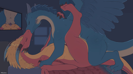 anus bed blue_body blue_tail blue_wings claws countershade_torso countershading duo eyes_closed feathered_wings feathers female female/female feral feral_on_feral finger_claws furniture genitals hand_holding horn inside kissing lying lying_on_bed on_back on_bed quadruped red_body red_tail red_wings sex side_view tail toe_claws tribadism vaginal vulva wings conditional_dnp pikajota inheritance_cycle mythology eztli_(user_55) saphira dragon mythological_creature mythological_scalie scalie 2025 digital_media_(artwork) hi_res