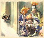 against_surface against_wall ambiguous_gender anthro beak being_watched blue_eyes brown_hair clothing female feral fingers footwear gloves green_eyes group hair handwear hiding horn long_ears looking_at_another male open_mouth open_smile police police_uniform purple_eyes smile uniform gidora_(artist) disney kingdom_hearts square_enix zootopia donald_duck goofy_(disney) judy_hopps nick_wilde sora_(kingdom_hearts) anatid anseriform avian bird canid canine canis domestic_dog duck fox heartless human lagomorph leporid mammal rabbit red_fox true_fox 2017 crossover signature