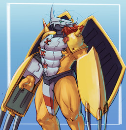 anthro armor big_claws claws clothed clothing codpiece green_eyes hair headgear helmet horn male muscular muscular_male orange_body pantsless shoulder_pads simple_background solo thick_thighs yellow_armor felipe_gse bandai_namco digimon digimon_(species) scalie wargreymon hi_res