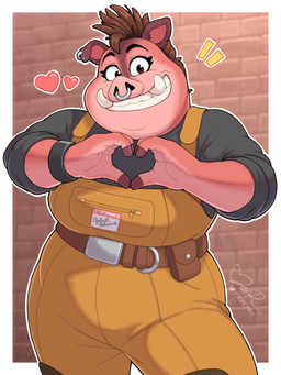 anthro apron belly bottomwear clothed clothing ear_piercing ear_ring facial_piercing female fur gesture hair heart_gesture heart_symbol looking_at_viewer nose_piercing nose_ring overweight overweight_anthro overweight_female piercing ring_piercing septum_piercing septum_ring smile solo standing teeth text topwear meircmei dreamworks the_bad_guys pigtail_(the_bad_guys) mammal suid suine sus_(pig) wild_boar 3:4 absurd_res digital_media_(artwork) hi_res
