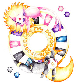 ambiguous_gender black_body black_eyes circle_(marking) crescent_moon digitigrade duo ear_markings facial_tuft feral forehead_gem forked_tail gem head_markings markings monotone_body moon multicolored_body pink_body pupils purple_eyes purple_inner_ear quadruped red_eyes red_gem red_sclera slit_pupils star sun tail tail_markings text tuft two_tone_body unusual_anatomy unusual_tail white_pupils yellow_body yellow_markings nameko nintendo pokemon eeveelution espeon generation_2_pokemon mammal pokemon_(species) umbreon