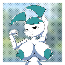 :3 big_breasts blush breasts clothed clothing female hand_behind_head huge_breasts looking_at_viewer machine not_furry pattern_background simple_background smug solo topless sonelos my_life_as_a_teenage_robot nickelodeon jenny_wakeman humanoid robot robot_humanoid 1:1 half-length_portrait hi_res portrait