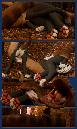 anthro asphyxiation death feral forest joemamaplumbing pawpads plant tree vore domestic_cat felid feline felis mammal reptile scalie snake 3d_(artwork) comic digital_media_(artwork) hi_res