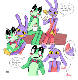 anthro beverage blush blush_lines bow_tie bow_tie_only cheek_markings clothing coffee coffee_mug cotton_tail duo ears_down facial_markings female finger_in_mouth green_body head_markings hug male markings mostly_nude multicolored_body overalls pivoted_ears purple_body scut_tail short_tail sitting smile sound_effects speech_bubble tail text thumping spec_almond glitch_productions the_amazing_digital_circus jax_(tadc) ribbit_(tadc) amphibian frog lagomorph leporid mammal rabbit english_text hi_res