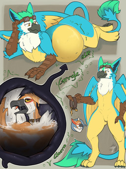 abdominal_bulge anthro anthro_pred anthro_prey belly big_belly biped black_insides blush bodily_fluids chyme collar digestion digestion_noises dripping duo eyewear goggles internal lying male melty_digestion on_front oral_vore post_digestion rumbling_stomach saliva saliva_covered saliva_drip saliva_on_clothes stomach_acid thick_thighs vore arkailart mythology coulias ori_(orionvili) avian dinosaur dromaeosaurid gryphon mythological_avian mythological_creature prehistoric_species reptile saurischian scalie theropod velociraptor 3:4 absurd_res comic hi_res