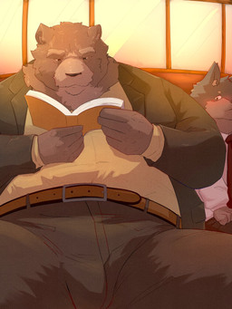anthro belly blush book brown_body bulge clothing detailed_background duo kemono male necktie overweight overweight_male reading shirt sitting topwear 0_7us bear canid canine canis domestic_dog mammal 2024 3:4 hi_res