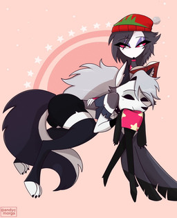 anthro black_body black_feathers black_fur book boots claws clothing collar duo eyebrows eyes_closed eyeshadow feathers feet female fingerless_gloves footwear fur gloves grey_body grey_fur grey_hair hair half-closed_eyes handwear hat headgear headwear jacket lying makeup narrowed_eyes notched_ear pink_sclera reading reading_book shoes sitting smile spiked_collar spikes toe_claws toes topwear torn_clothing white_body white_eyes white_fur white_inner_ear andycmorga hellaverse helluva_boss mythology loona_(helluva_boss) octavia_(helluva_boss) avian bird canid canid_demon canine demon hellhound mammal mythological_canine mythological_creature owl