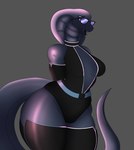 anthro big_butt breasts butt clothing curvy_figure eyewear female forked_tongue glasses hands_behind_back legwear non-mammal_breasts simple_background solo thick_thighs thigh_highs tongue tongue_out wide_hips photolol.03 alisha_(photolol.03) cobra reptile scalie snake alternate_version_at_source hi_res