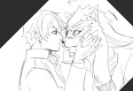 anthro clothed clothing duo eye_contact eyebrows hair holding_face looking_at_another male male/male scar thick_eyebrows whiskers izm_rm7 lifewonders tokyo_afterschool_summoners protagonist_(tas) tezcatlipoca_(tas) twink_protagonist_(tas) felid feline human mammal pantherine line_art monochrome