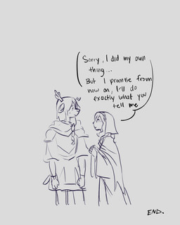 ambiguous_gender anthro antlers armor bodily_fluids braided_hair clothed clothed_anthro clothed_human clothing dialogue duo eyes_closed hair hood horn looking_at_another robe speech_bubble sweat sweatdrop text fablivious1 deltarune undertale_(series) kris_dreemurr noelle_holiday deer human mammal new_world_deer reindeer english_text greyscale hi_res monochrome female_(lore)