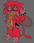 animal_print anthro big_hair bracelet breasts caveman cleavage clothed clothing club_(weapon) devil_horns_(gesture) dress ear_piercing ear_ring eyebrow_piercing facial_piercing fangs female fur gesture grey_background hair hand_gesture holding_club holding_melee_weapon holding_object holding_weapon jewelry leopard_print long_hair looking_at_viewer melee_weapon piercing red_body red_fur red_hair ring_piercing side_boob simple_background smile smiling_at_viewer solo spiked_bracelet spikes standing tail teeth tied_hair weapon aaaaaron122 haplorhine mammal monkey primate digital_drawing_(artwork) digital_media_(artwork) flat_colors hi_res