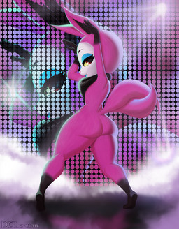 2_tails anthro biped butt chest_tuft eyelashes female fur looking_at_viewer makeup multi_tail pink_body pink_fur smile solo stage standing tail tuft dclzexon asian_mythology east_asian_mythology korean_mythology mythology telemonster yossi canid canine fox fox_spirit kumiho mammal mythological_canine mythological_creature mythological_fox hi_res