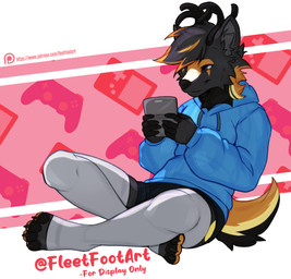 anthro antlers biped black_body black_fur black_hair bottomwear claws clothed clothed_anthro clothed_male clothing feet femboy fingers front_view fully_clothed fully_clothed_anthro fully_clothed_male fur hair horn male purple_eyes sitting smile solo tail text toes topwear fleet-foot ashton_deer_(mrdeer) deer mammal english_text