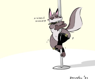 3_fingers anthro belly black_body black_clothing black_collar black_fur black_legwear black_nose black_stockings closed_smile clothing collar dancing dipstick_ears ear_markings eyebrows eyes_closed fangs feet femboy fingers freckled_legs freckled_shoulders freckled_thighs freckles fur gloves_(marking) grey_body grey_fur huge_thighs legwear male markings mostly_nude mouth_closed multicolored_body multicolored_ears multicolored_fur navel onomatopoeia overweight overweight_anthro overweight_male pear-shaped_figure pole pole_dancing raised_tail shadow simple_background smile snout solo sound_effects spiked_collar spikes stockings stripper_pole tail teeth text thick_thighs toes wide_hips wiggle yellow_background zenonclaw zenonclaw_(character) canid canine canis fox hybrid mammal wolf 2023 dated digital_media_(artwork) flat_colors hi_res signature sketch