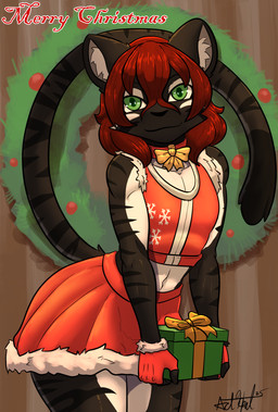 anthro arched_back bangs biped black_body bottomwear breasts cheek_tuft christmas_clothing christmas_decorations christmas_lingerie christmas_present clothed clothed_anthro clothed_female clothing collar crop_top crossdressing eyeshadow facial_tuft female female_anthro femboy fingerless_gloves gift gloves green_eyes hair hair_over_face handwear holidays inner_ear_fluff inside lingerie looking_at_viewer makeup male markings multicolored_body navel pose raised_tail red_hair ribbons shirt short_hair skirt small_breasts smile snowflake_pattern solo standing striped_body striped_markings striped_tail stripes tail tail_markings text three-quarter_view topwear tuft white_body wreath bear213 christmas milo_(leo9348) felid feline mammal pantherine tiger 2025 dated digital_drawing_(artwork) digital_media_(artwork) english_text hi_res pinup portrait shaded soft_shading three-quarter_portrait