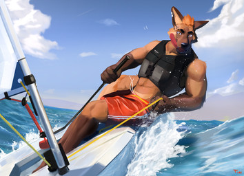abs anthro biceps boat clothing ear_piercing fingers fur hair happy holding_object life_jacket male muscular muscular_anthro muscular_male outside piercing ring_piercing sailing_boat sailing_watercraft sea smile solo surfboard surfing swimming_trunks swimwear tail tongue tongue_out vehicle water watercraft wave windsurfer tintiai canid canine canis domestic_dog mammal digital_media_(artwork)