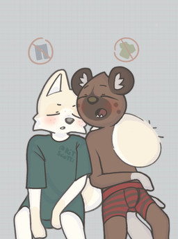 abstract_background ambiguous_anthro ambiguous_gender anthro blush brown_body brown_fur clothed clothing cuddling duo facial_markings freckles fur grey_body grey_clothing grey_fur grey_underwear head_markings male male/ambiguous male_anthro markings muzzle_(marking) open_mouth pantsless pantsless_ambiguous pantsless_anthro pattern_clothing red_clothing red_underwear relaxing sleeping sleeping_together striped_clothing stripes tail tail_coil tan_body tan_fur tired topless topless_anthro topless_male underwear underwear_only white_body white_fur kitscotti aggretsuko sanrio fan_character haida_(aggretsuko) arctic_fox canid canine fox hyena mammal spotted_hyena true_fox hi_res nonbinary_(lore)