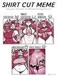 anthro belly big_breasts blush bodily_fluids breasts cleavage cleavage_cutout clothed clothing cutout female fur hair hair_over_eyes horn looking_at_viewer navel pasties side_boob smile solo sweat text thick_thighs thong under_boob underwear white_body white_fur wide_hips anonymous_artist shirt_cut_meme rexa_(character) domestic_cat felid feline felis mammal absurd_res english_text hi_res meme