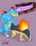 ambiguous_gender angry balls clenched_teeth duo erection feral fire genitals internal male nude penetration penis simple_background teeth valon nintendo pokemon feraligatr generation_2_pokemon pokemon_(species) scalie typhlosion absurd_res hi_res