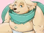 anthro belly briefs clothed clothing fur green_eyes male navel partially_clothed scarf slightly_chubby solo tighty_whities underwear white_briefs white_clothing white_underwear yellow_body yellow_fur cddi_h lifewonders tokyo_afterschool_summoners cu_sith_(tas) bird_dog canid canine canis domestic_dog golden_retriever hunting_dog mammal retriever 4:3