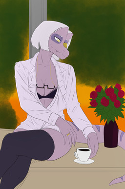 abstract_background anthro bra breasts claws cleavage clothed clothing collared_shirt container cup digit_ring dress_shirt elderly elderly_anthro elderly_female eyelashes eyewear female finger_claws flower glasses grey_hair hair jewelry legwear long_tail mature_anthro mature_female plant purple_body purple_scales ring rose_(flower) scales shirt short_hair sitting smile snout solo tail tea_cup thigh_highs topwear underwear wedding_ring window_sill yellow_eyes ratherdevious third-party_edit goodbye_volcano_high ko_op_(game_developer) mrs._roberts_(gvh) ceratosaurid ceratosaurus dinosaur prehistoric_species reptile saurischian scalie theropod 2025 absurd_res color_edit colored digital_drawing_(artwork) digital_media_(artwork) hi_res