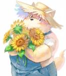 blush clothed clothing flower fully_clothed hat headgear headwear holding_flower holding_object looking_at_viewer male overalls overweight overweight_male plant shirt simple_background solo standing straw_hat topwear t-shirt white_background diru11 canid canine canis domestic_dog mammal 2016 digital_media_(artwork) digital_painting_(artwork)