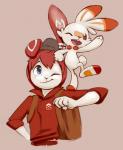 ambiguous_gender anthro backpack blue_eyes buckteeth carrying_another clothing duo fur gesture hair happy hat headgear headwear looking_at_viewer male on_shoulder one_eye_closed open_mouth orange_eyes pose semi-anthro shirt simple_background smile teeth topwear waving wink xennos nintendo pokemon robby_bunny generation_8_pokemon lagomorph leporid mammal pokemon_(species) rabbit scorbunny 2019 hi_res