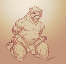 anthro arms_tied balls bound erection frogtied front_view genitals glistening glistening_eyes hair humanoid_genitalia humanoid_penis kneeling legs_tied male mouth_closed muscular muscular_anthro muscular_male muzzle_(object) muzzled nude overweight overweight_anthro overweight_male pawpads penis short_hair simple_background solo laser_(artist) felid mammal pantherine tiger full-length_portrait hi_res monochrome portrait signature