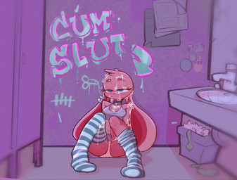 after_sex anthro bathroom blush bodily_fluids bra clothing condom cum cum_on_face cum_string ear_piercing eyelashes female female_anthro filled_condom genital_fluids graffiti jewelry legwear navel navel_piercing necklace pattern_clothing pattern_legwear pattern_thigh_highs piercing public_restroom restroom_stall sexual_barrier_device sink solo striped_clothing striped_legwear striped_thigh_highs stripes tally_marks text thigh_highs underwear lilidae poppy_(lilidae) lagomorph leporid mammal rabbit 2025 english_text hi_res