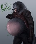 anthro belly belly_blush big_belly black_sclera bloated blush bodily_fluids body_blush burping clothing fist fur grey_body grey_fur hair long_hair male male_pred motion_lines navel open_mouth overweight overweight_anthro overweight_male pink_tongue purple_eyes saliva sharp_teeth solo stretch_marks sweat teeth tongue vore thearmordines elden_ring fromsoftware blaidd_(elden_ring) canid canine canis mammal wolf digital_media_(artwork) digital_painting_(artwork) hi_res