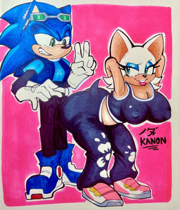 anthro bent_over big_breasts big_butt blue_body blue_fur bottomwear breasts butt cleavage clothed clothing crop_top duo eyelashes eyeshadow eyewear eyewear_on_head female footwear fur gesture gloves grin hand_gesture hands_behind_head handwear lipstick makeup male male/female nipples_visible_through_clothing pants shirt shoes smile sunglasses sunglasses_on_head tail tan_body topwear v_sign wearing_sunglasses white_body white_fur imk4non sega sonic_the_hedgehog_(series) rouge_the_bat sonic_the_hedgehog bat eulipotyphlan hedgehog honduran_white_bat leaf-nosed_bat mammal microbat yangochiropteran 2025 hi_res traditional_media_(artwork)